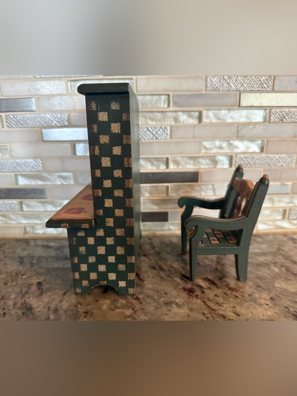 Miniature Wooden Kitchen Hutch and Chair with Apple Motif - Red and Green - Picture 5 of 6